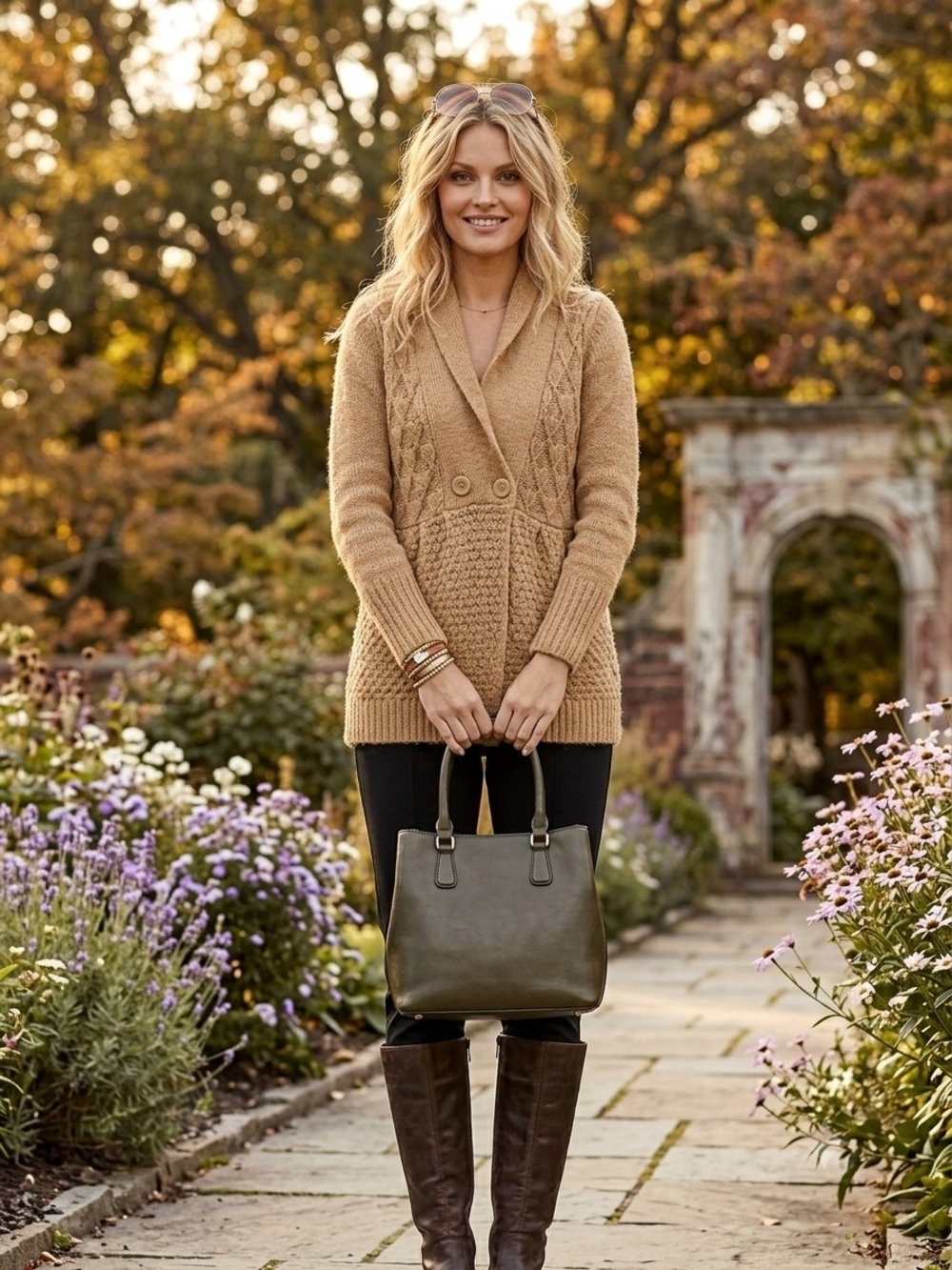 BCBGMAXAZRIA Medium Camel Tan Cable Knit Alpaca Blend Cardigan Tunic Sweater